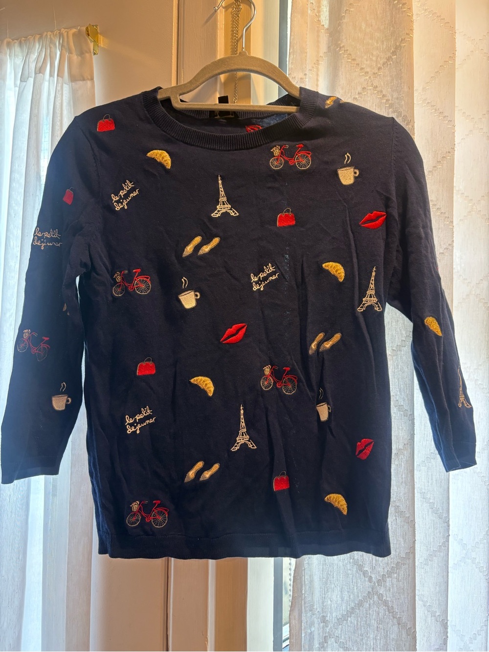 Talbots Navy Long-Sleeve Top with Parisian Embroidered Motifs